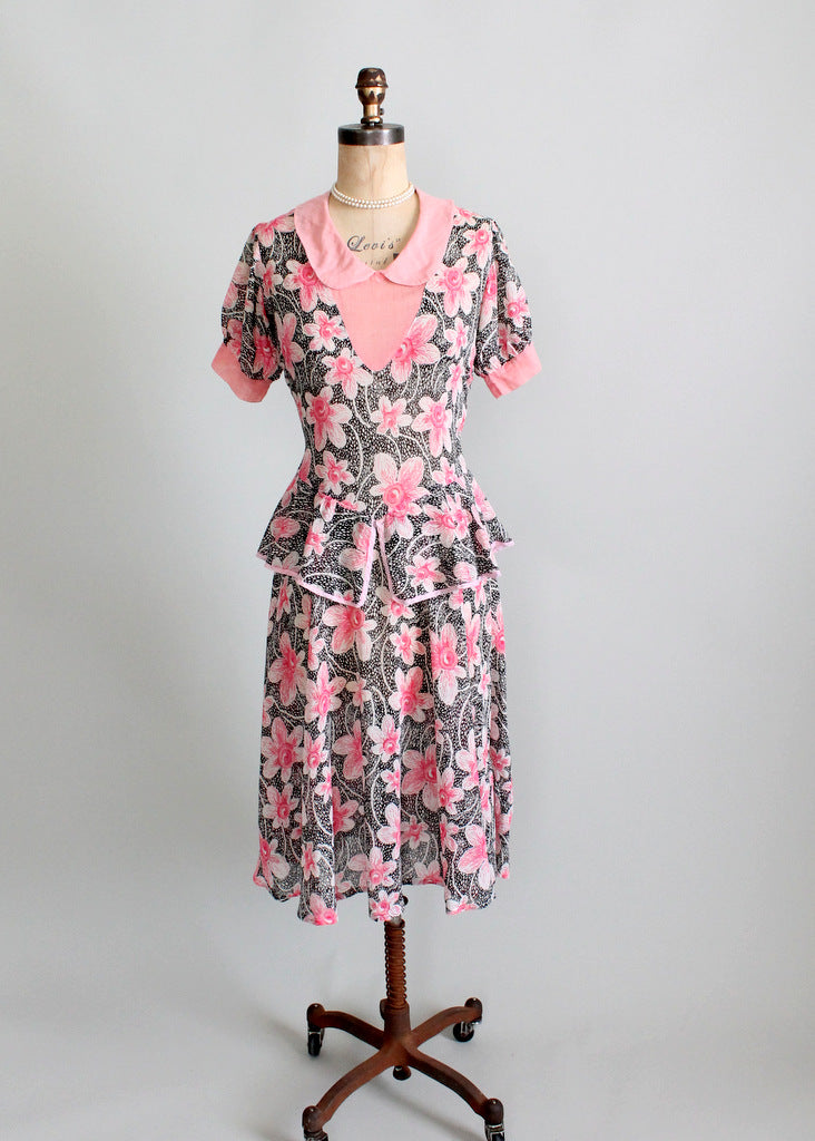 Vintage 1930s Pink and Black Floral Peplum Dress - Raleigh Vintage Vintage 1930s Pink and Black Floral Peplum Dress - Raleigh Vintage