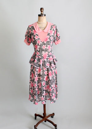 Vintage 1930s Pink and Black Floral Peplum Dress