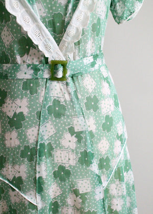 Vintage 1930s Green Floral Cotton Day Dress
