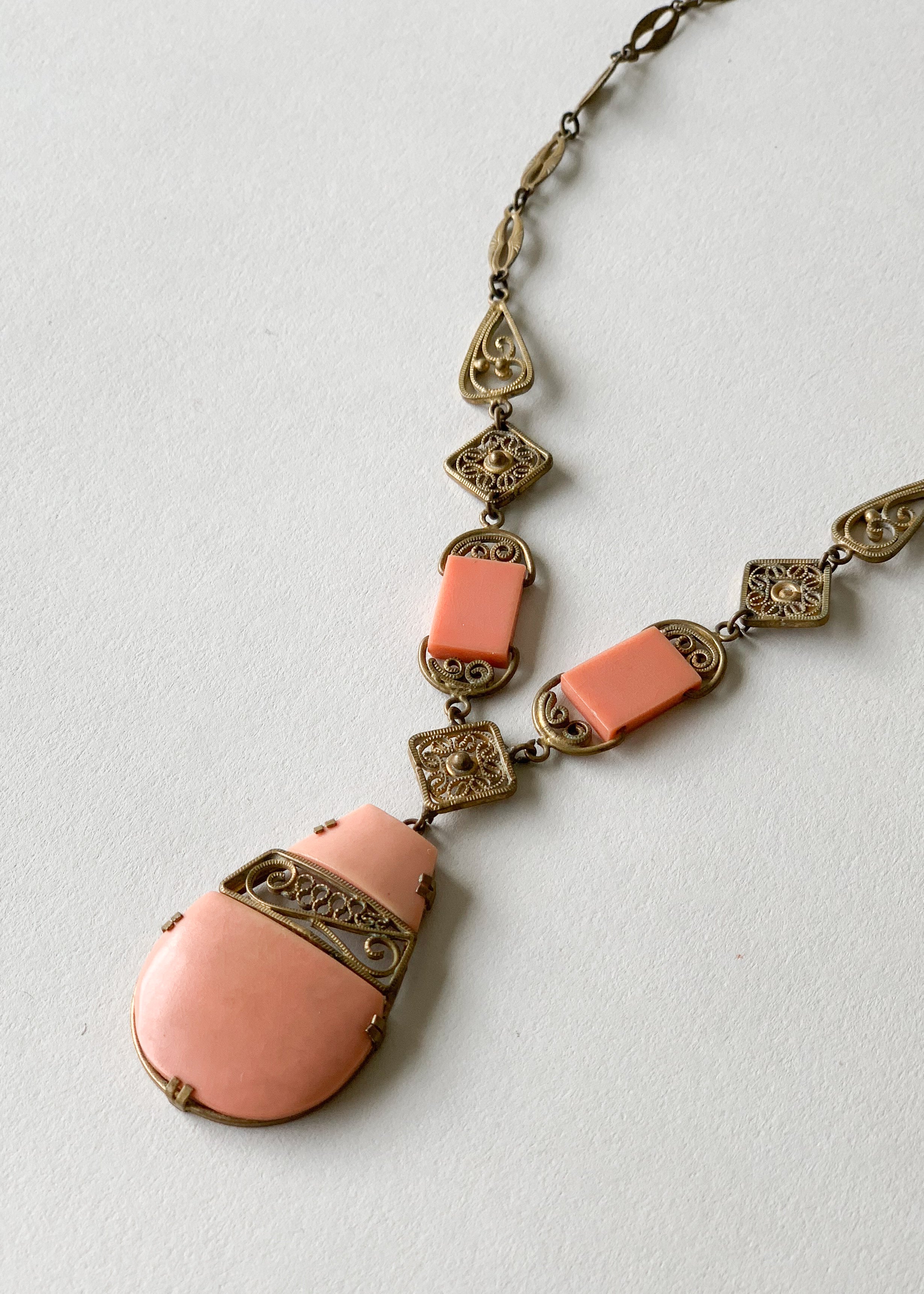 Vintage 1930s Peach and Brass Necklace