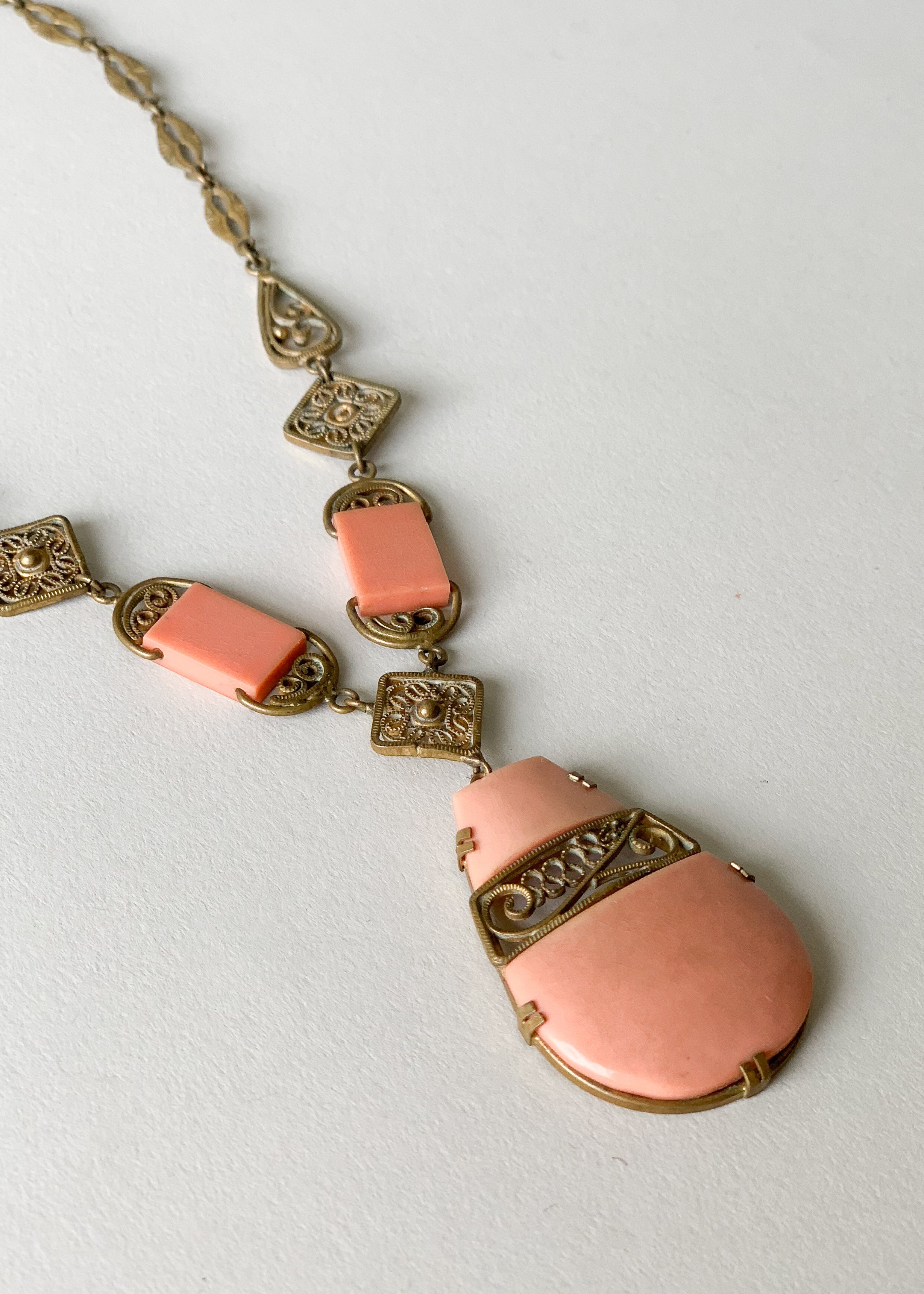 Vintage 1930s Peach and Brass Necklace