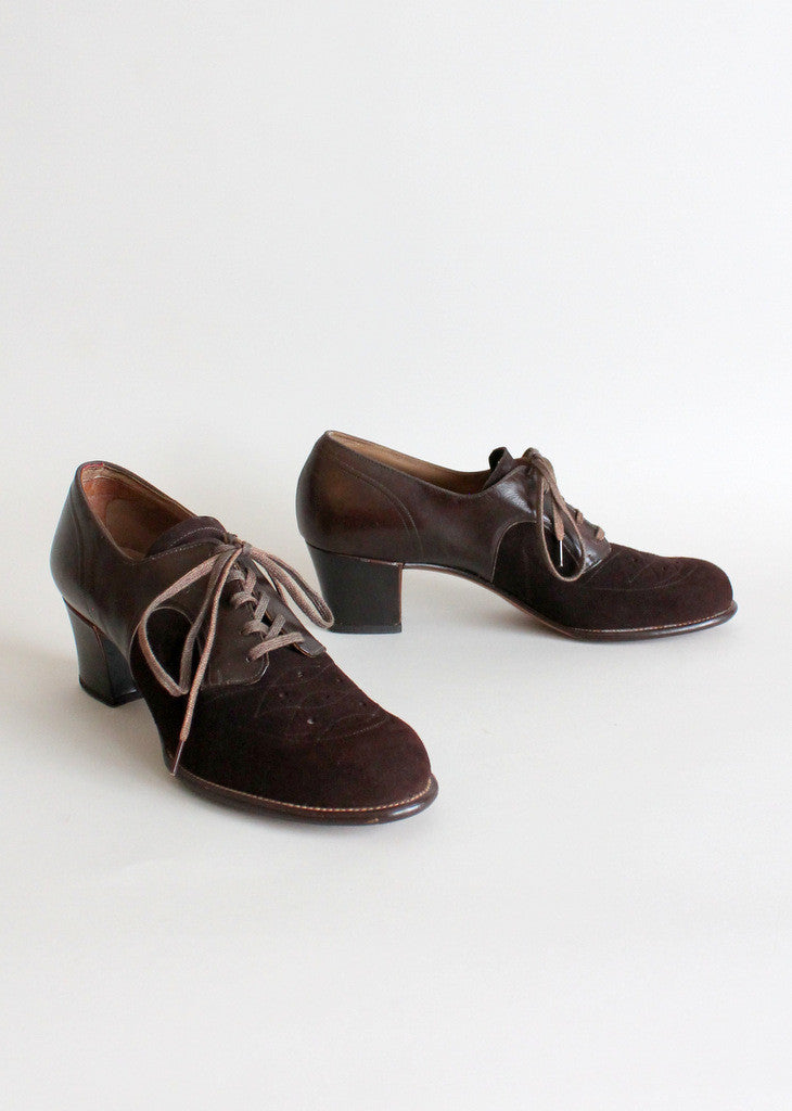 Vintage 1940s Brown Suede Lace Up Oxfords Size 7