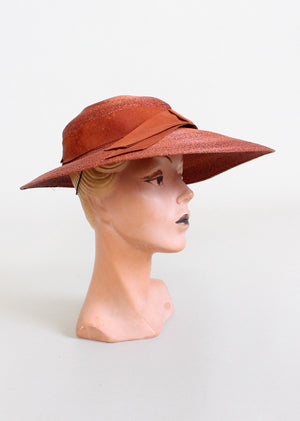Vintage 1940s Wide Brim Umber Straw Hat