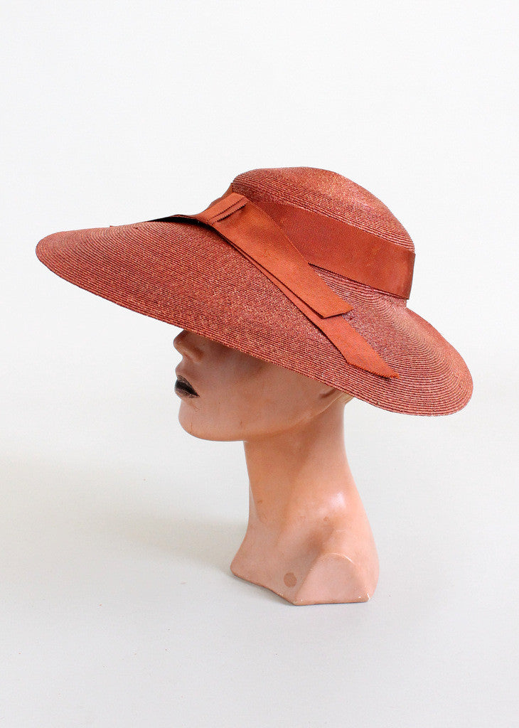 Vintage 1940s Wide Brim Umber Straw Hat
