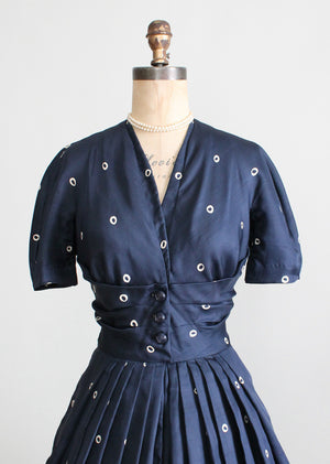 Vintage 1950s Navy Silk Dot Luncheon Dress