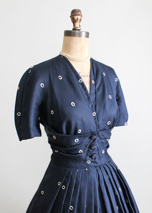 Vintage 1950s Navy Silk Dot Luncheon Dress