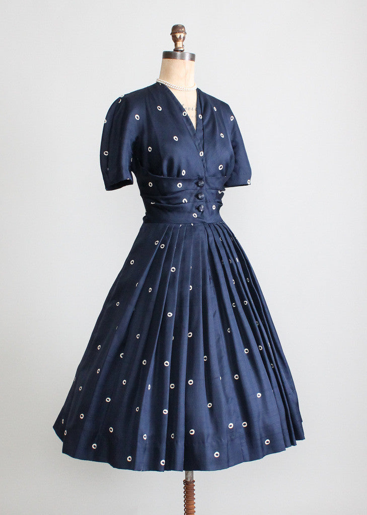 Vintage 1950s Navy Silk Dot Luncheon Dress Vintage 1950s Navy Silk Dot Luncheon Dress