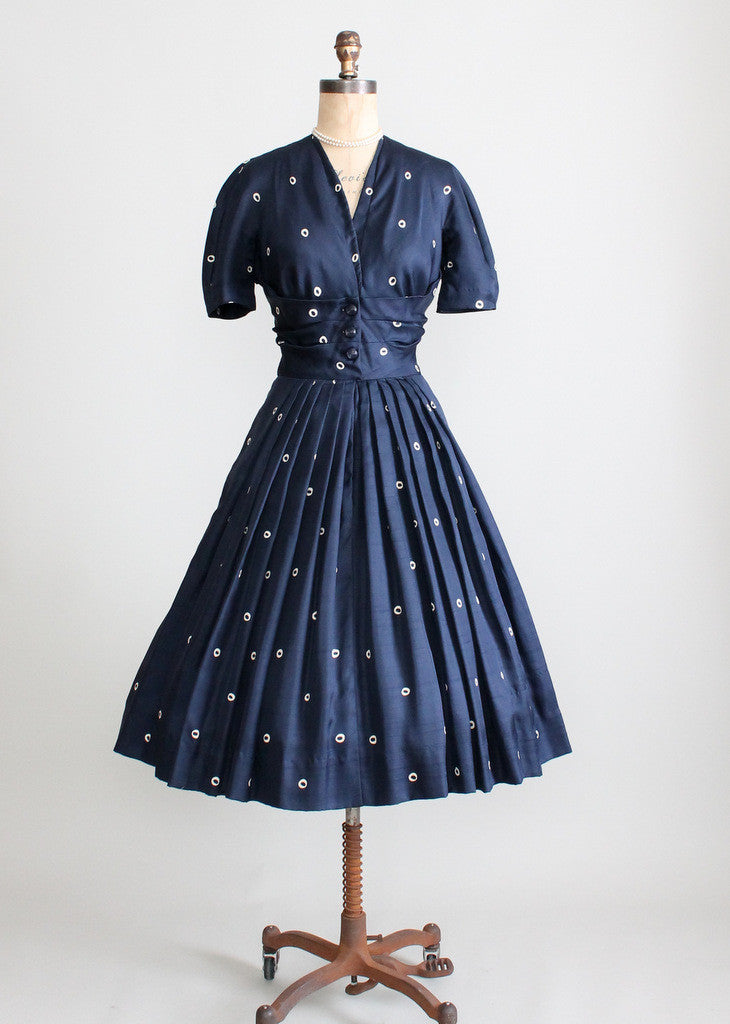 Vintage 1950s Navy Silk Dot Luncheon Dress - Raleigh Vintage Vintage 1950s Navy Silk Dot Luncheon Dress - Raleigh Vintage