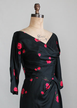 Vintage 1950s Red Rose Black Silk Cocktail Dress