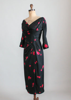 Vintage 1950s Red Rose Black Silk Cocktail Dress