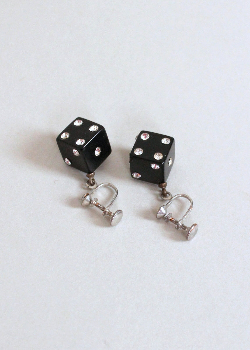 Vintage 1950s Black Plastic and Rhinestone Dice Earrings