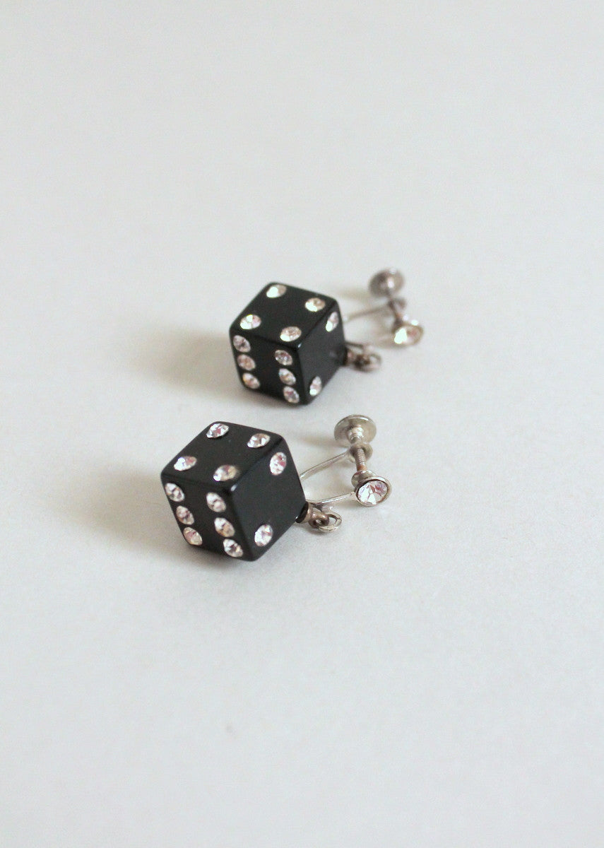 Vintage 1950s Black Plastic and Rhinestone Dice Earrings