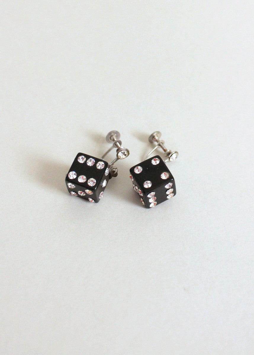 Vintage 1950s Black Plastic and Rhinestone Dice Earrings