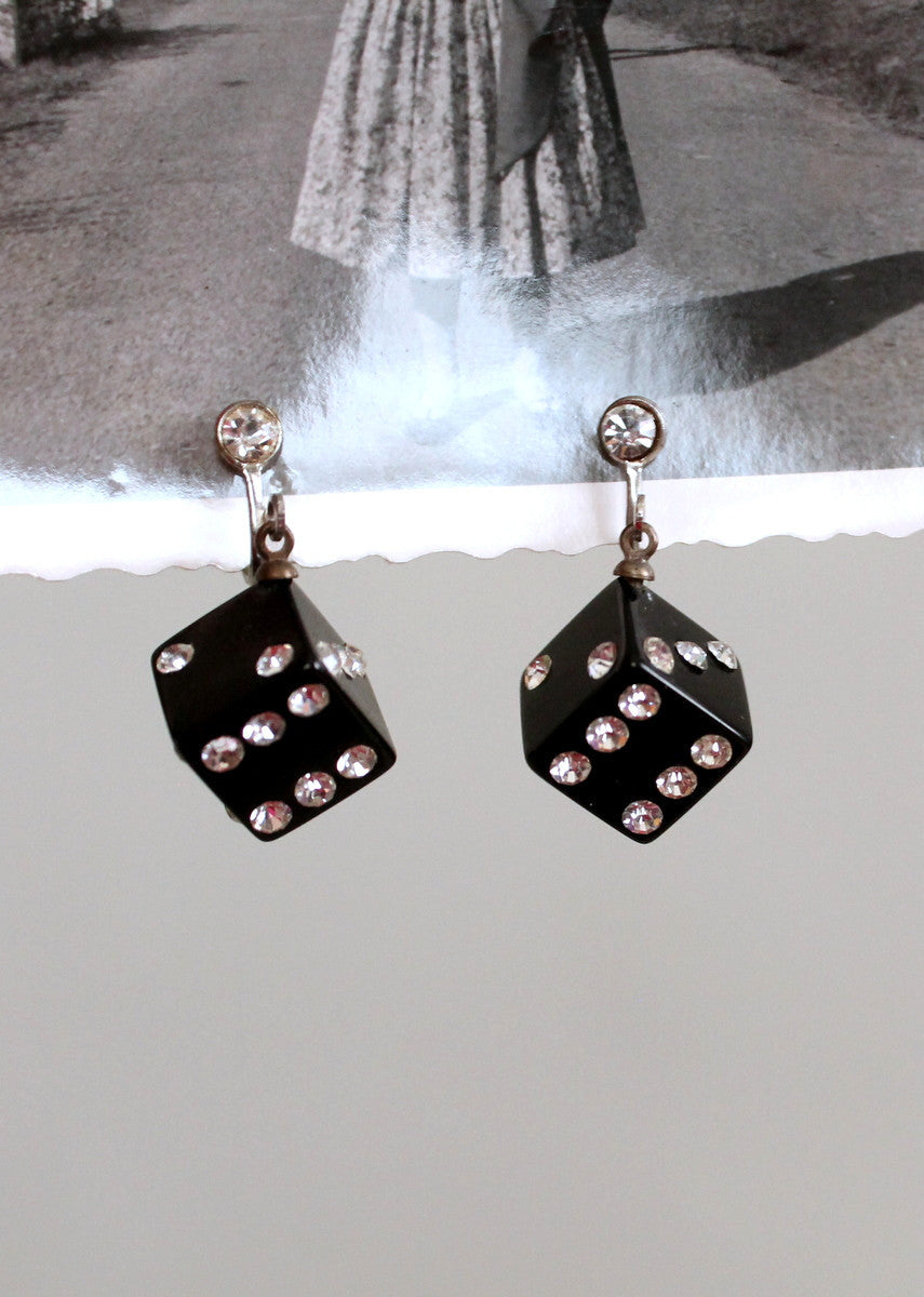 Vintage 1950s Black Plastic and Rhinestone Dice Earrings