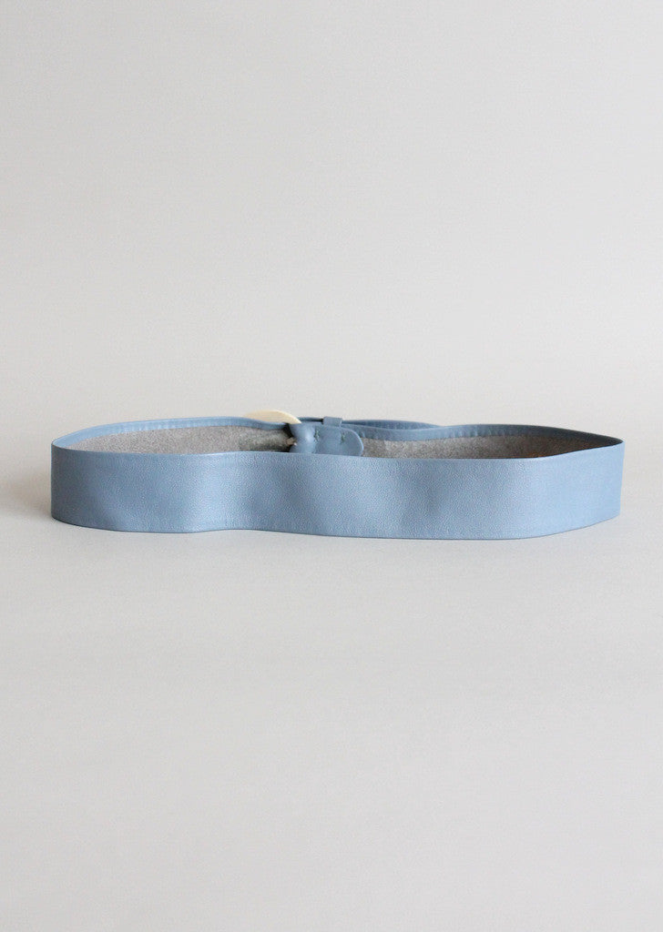 Vintage Blue Leather Belt with Rhinestone Celluloid Buckle