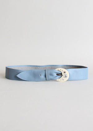Vintage Blue Leather Belt with Rhinestone Celluloid Buckle