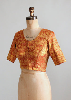 Vintage Indian Golden Silk Fitted Crop Top
