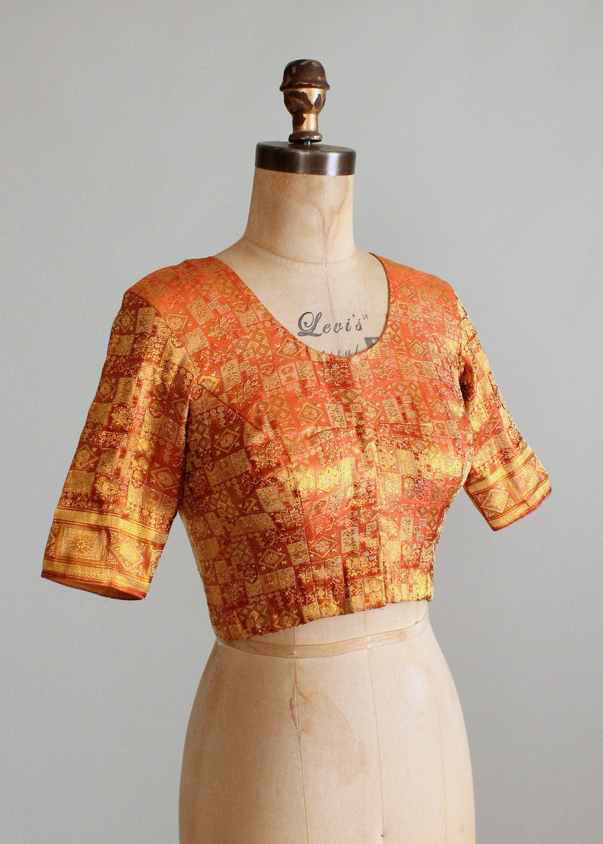 Vintage Indian Golden Silk Fitted Crop Top
