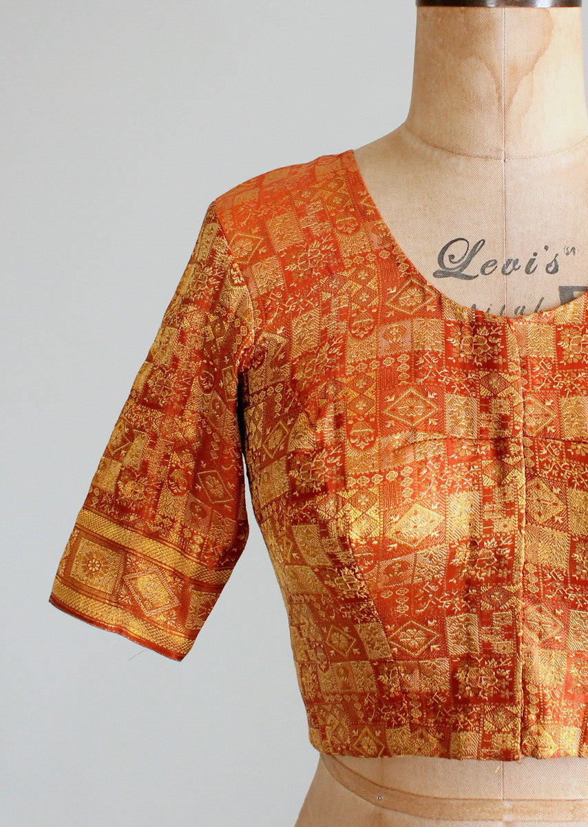 Vintage Indian Golden Silk Fitted Crop Top