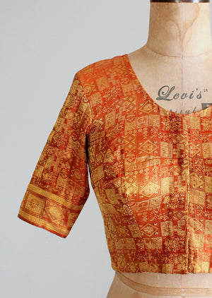 Vintage Indian Golden Silk Fitted Crop Top