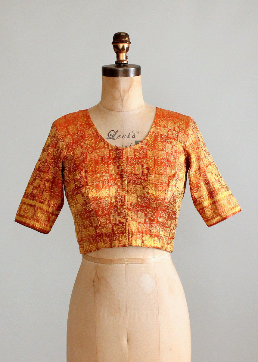 Vintage Indian Golden Silk Fitted Crop Top
