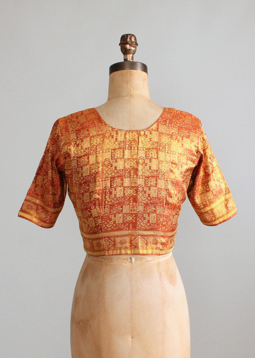 Vintage Indian Golden Silk Fitted Crop Top