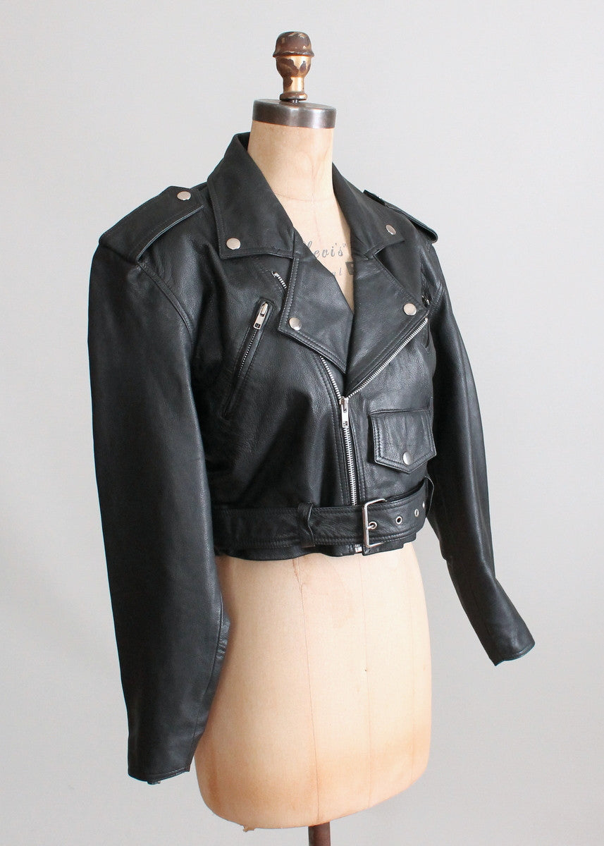 Vintage Black Leather Cropped Biker Jacket