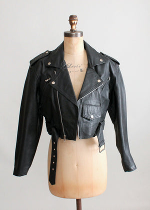 Vintage Black Leather Cropped Biker Jacket
