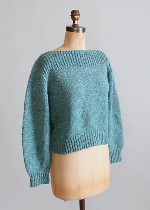 Vintage Blue Handknit Boatneck Sweater