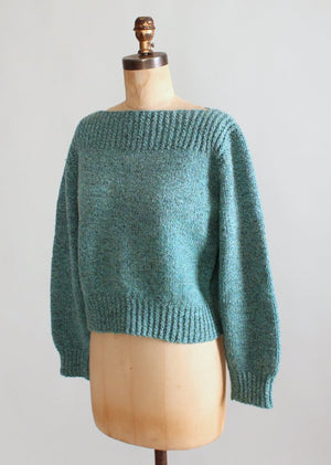 Vintage Blue Handknit Boatneck Sweater