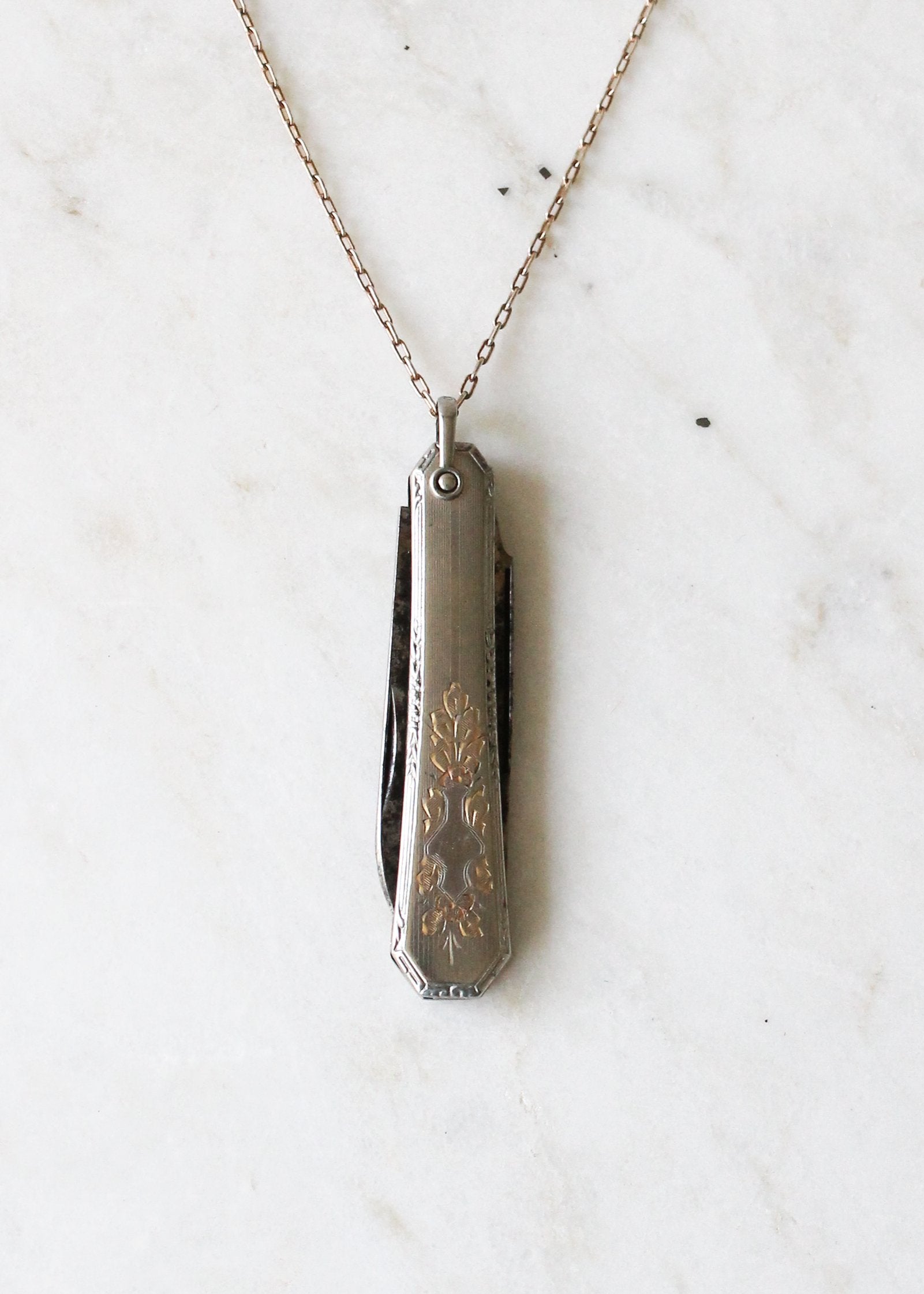 Vintage 1930s Engraved Pocket Knife Necklace