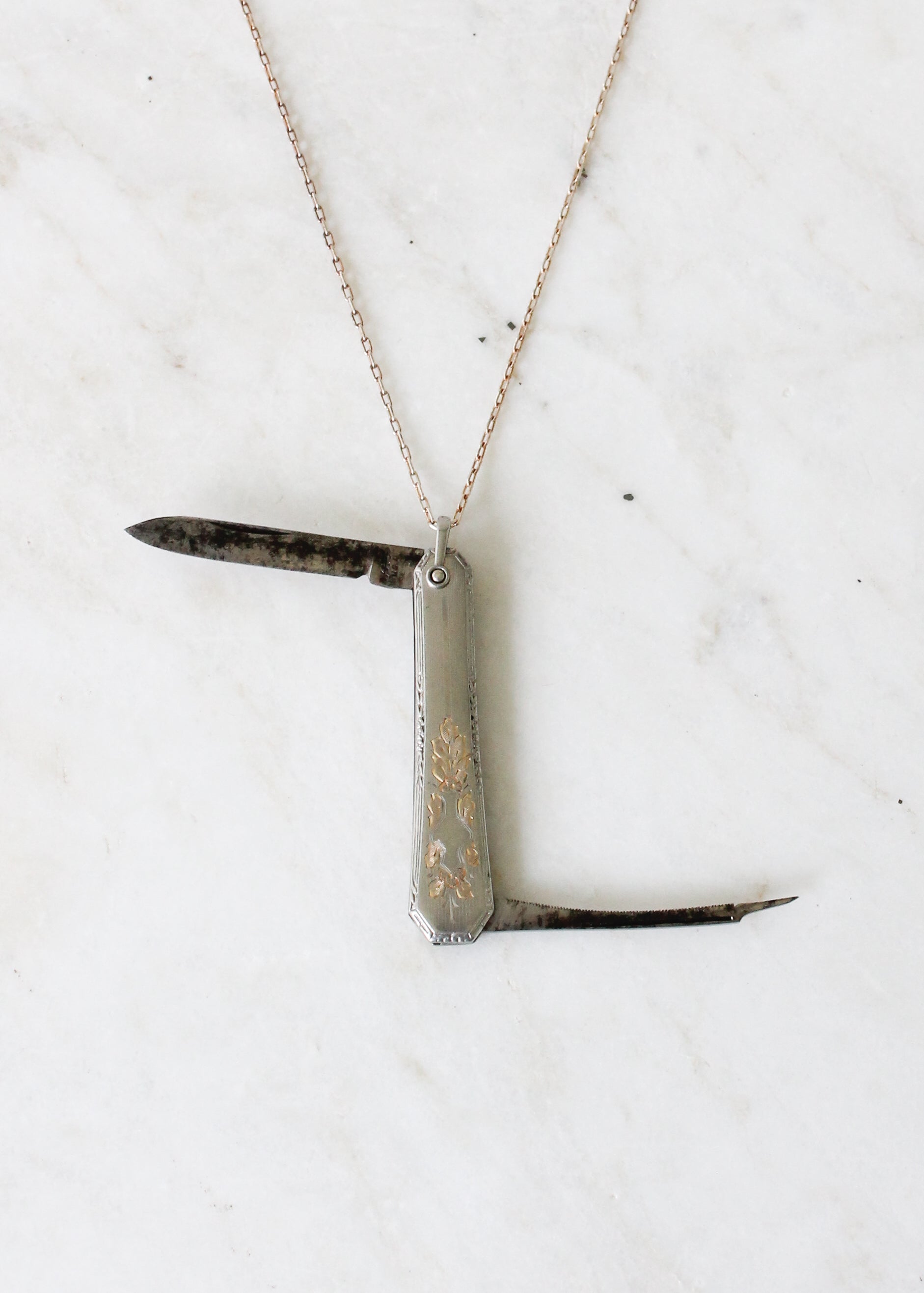 Vintage 1930s Engraved Pocket Knife Necklace