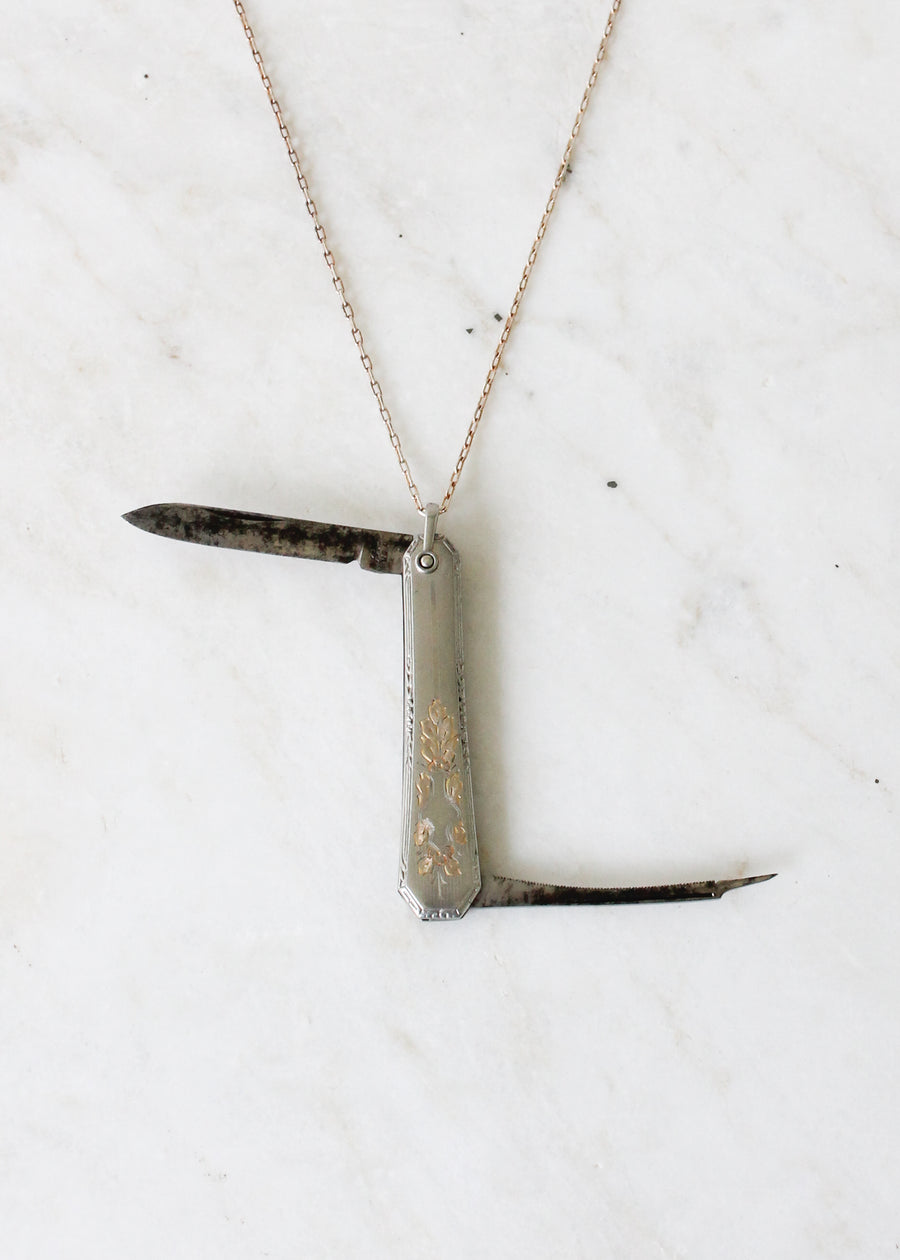 Vintage 1930s Engraved Pocket Knife Necklace