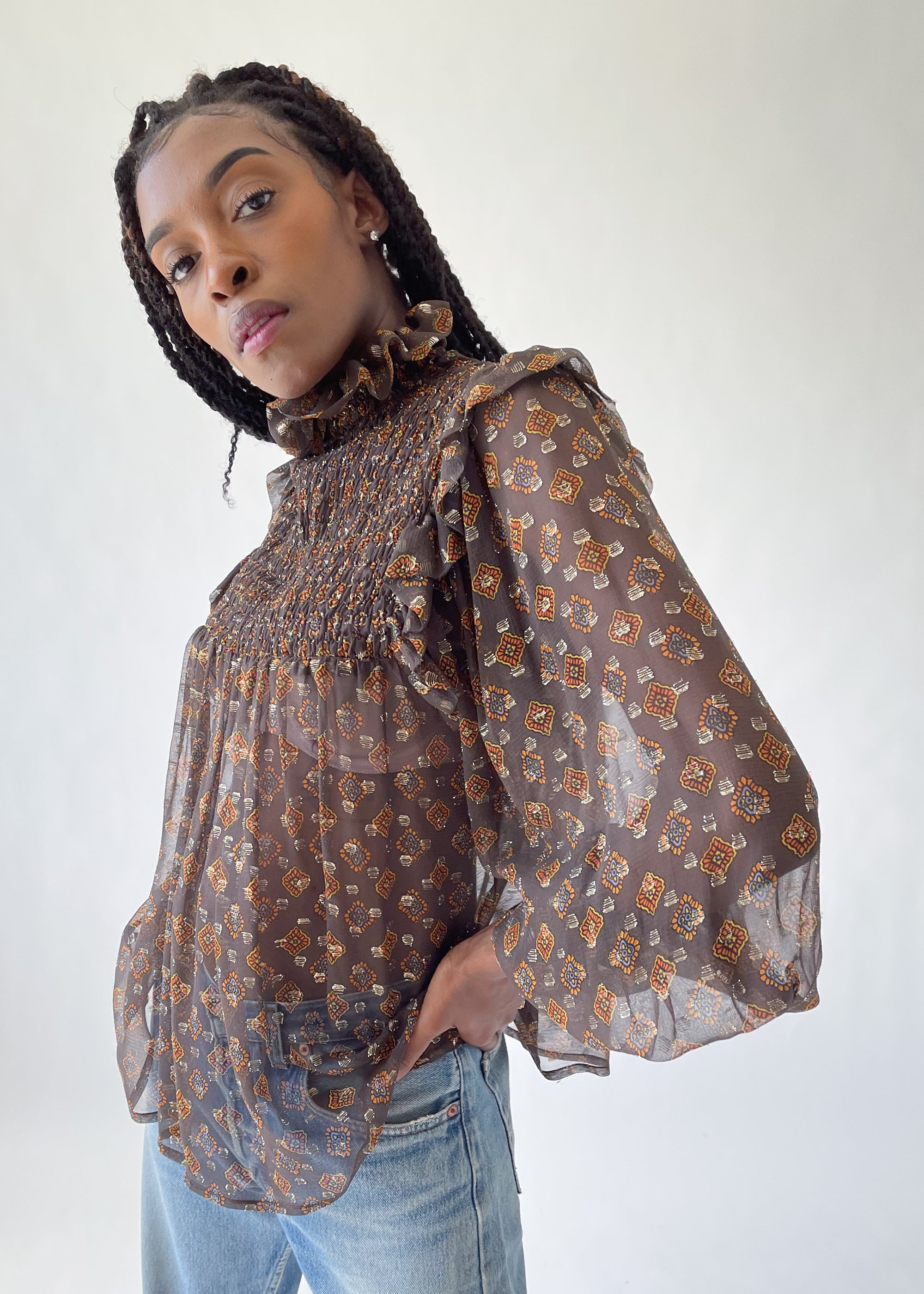 Vintage 1970s YSL Smocked Ruffle Neck Blouse