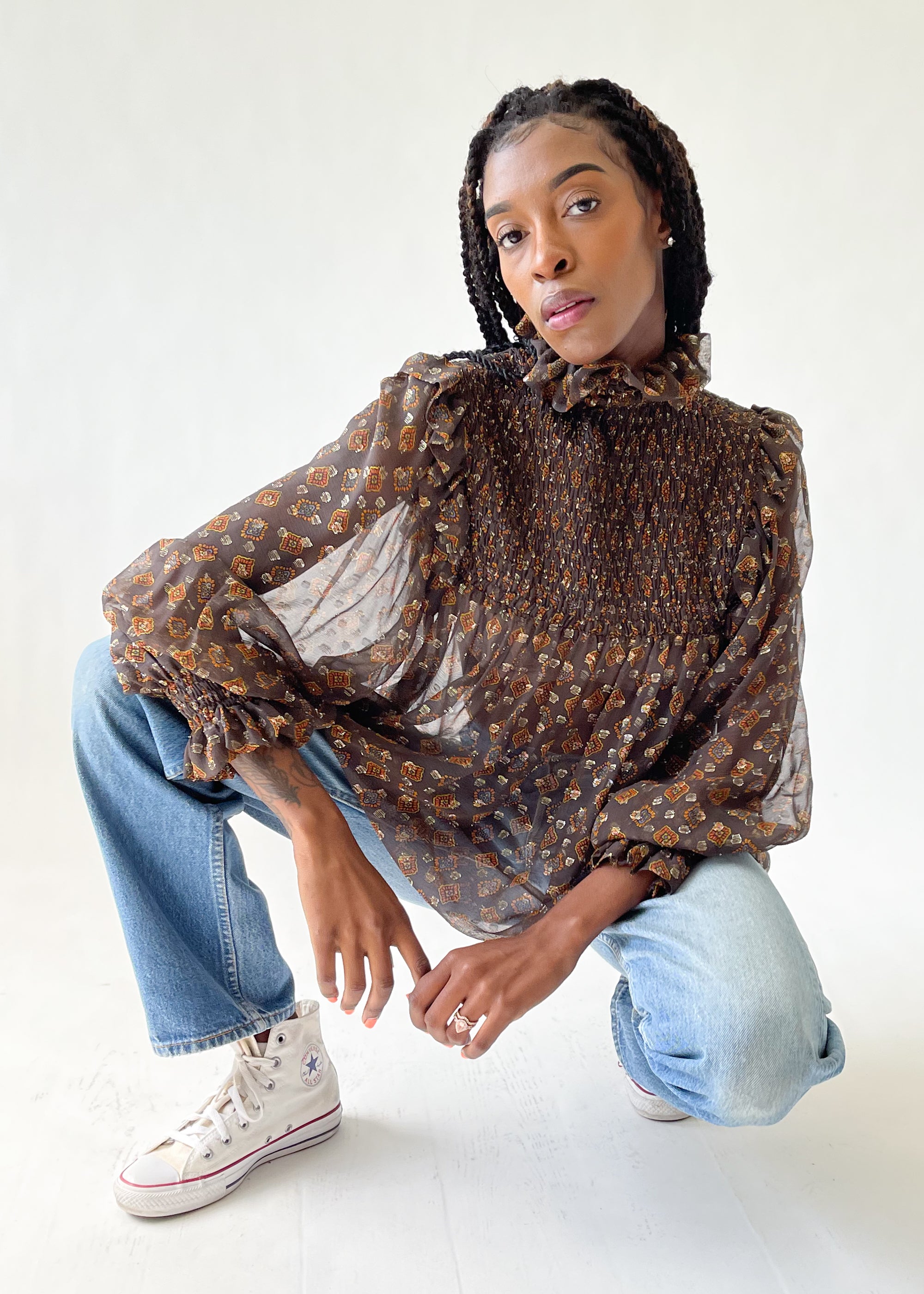 Vintage 1970s YSL Smocked Ruffle Neck Blouse