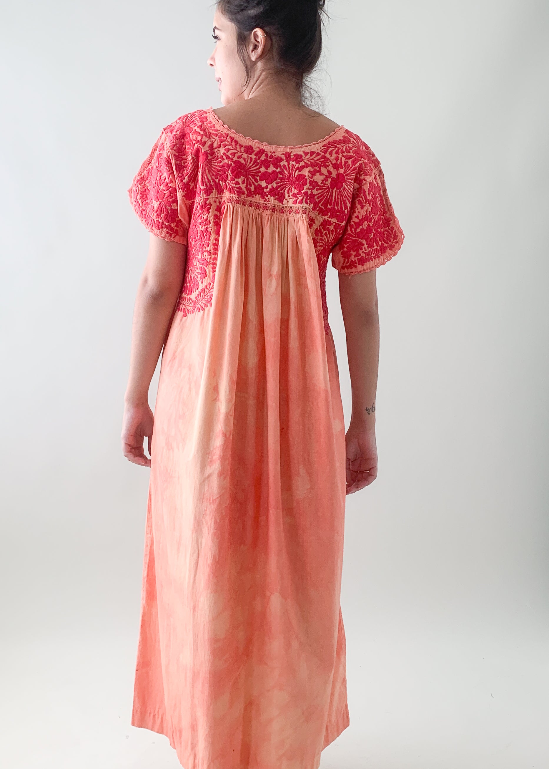 Vintage 1970s Tie Dyed Mexican Embroidered Cotton Dress