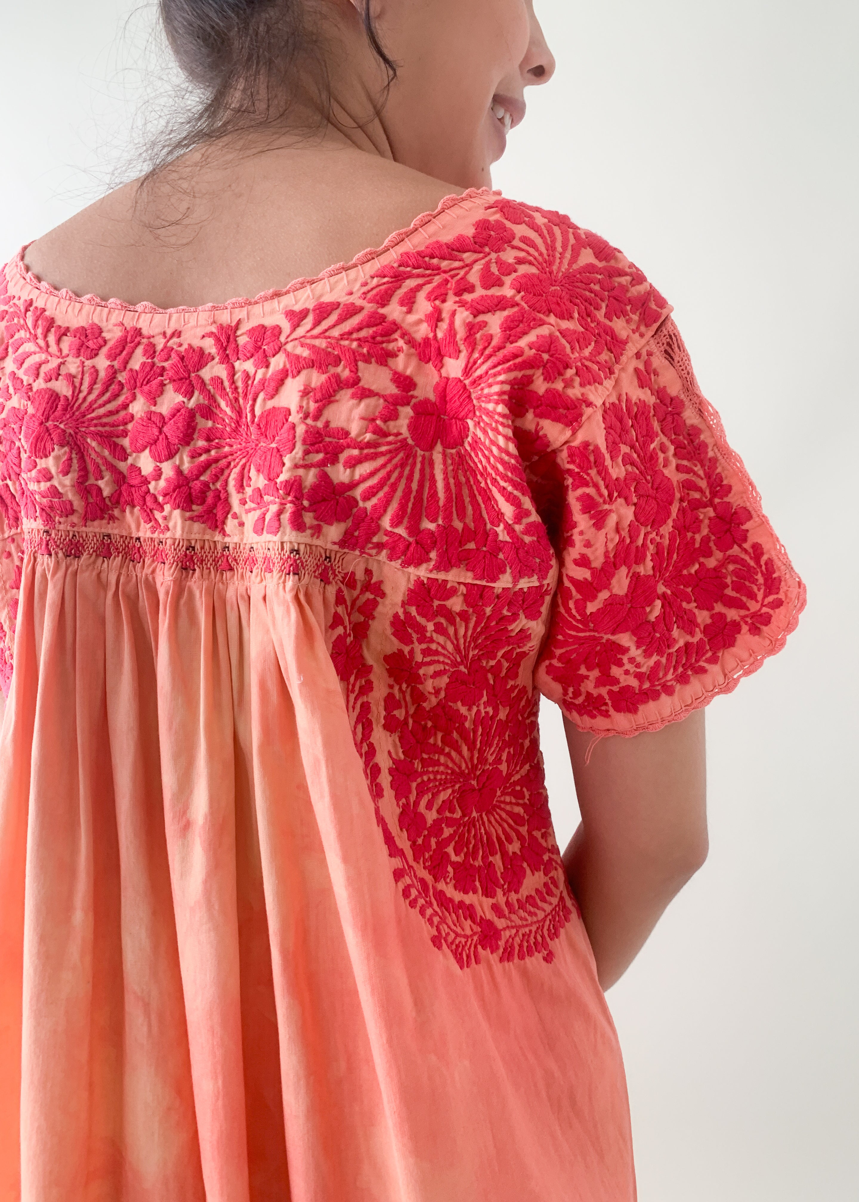 Vintage 1970s Tie Dyed Mexican Embroidered Cotton Dress