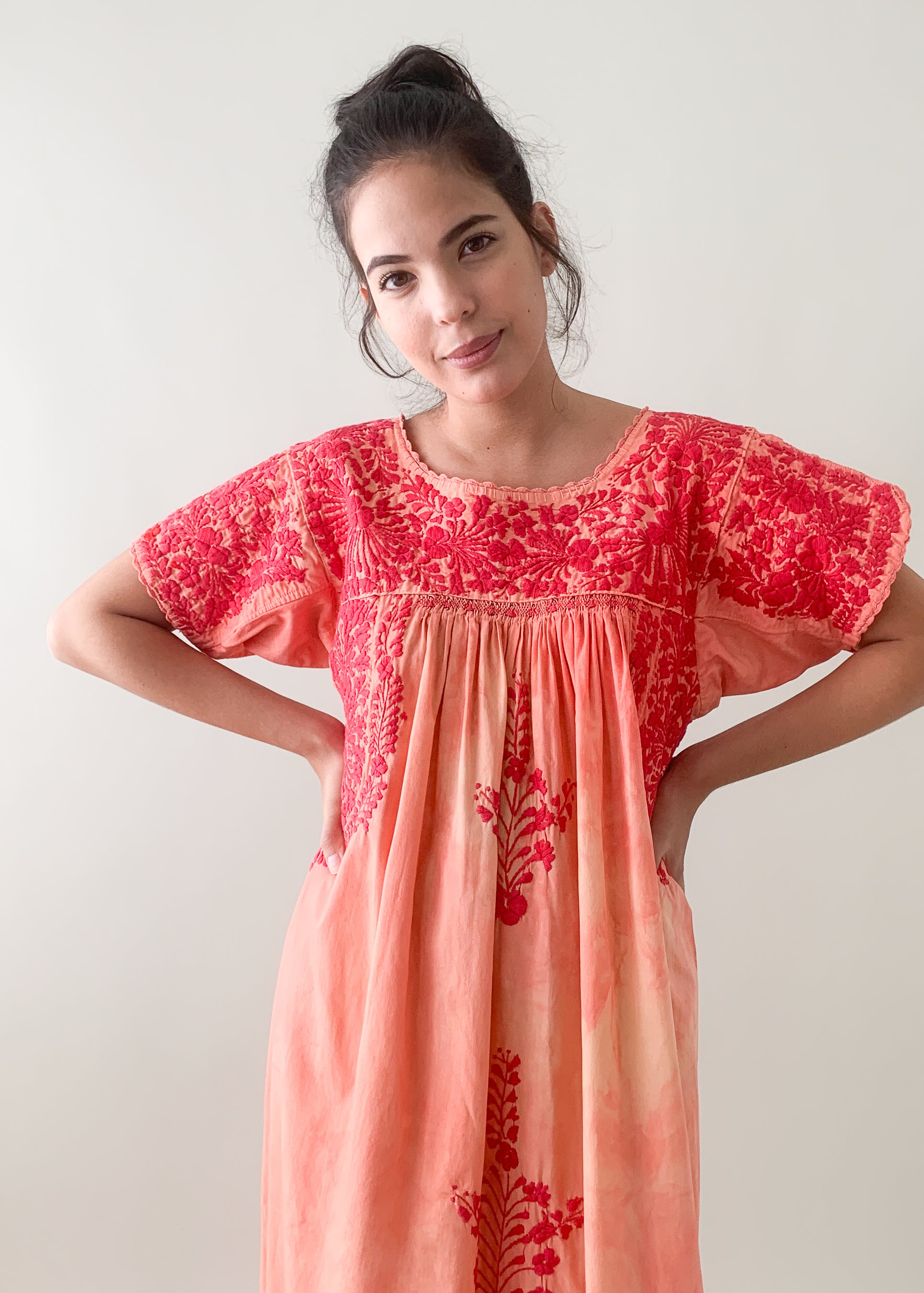 Vintage 1970s Tie Dyed Mexican Embroidered Cotton Dress