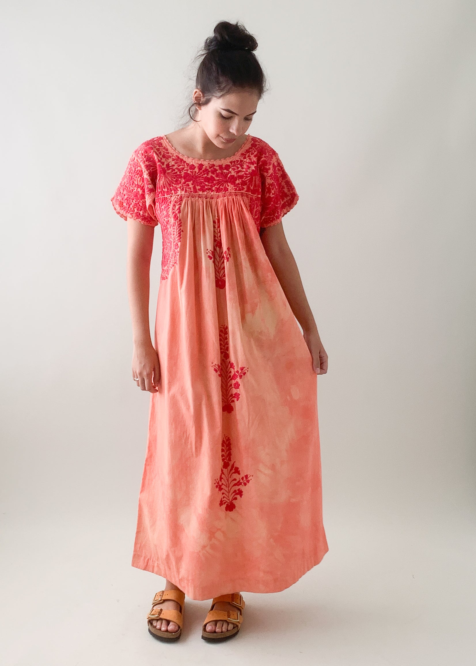 Vintage 1970s Tie Dyed Mexican Embroidered Cotton Dress