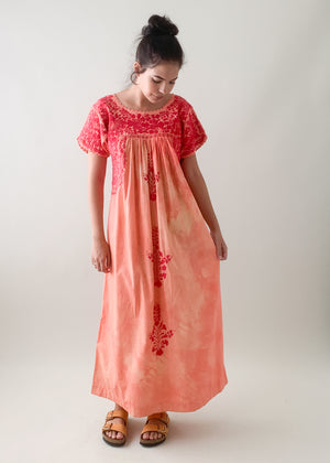 Vintage 1970s Tie Dyed Mexican Embroidered Cotton Dress